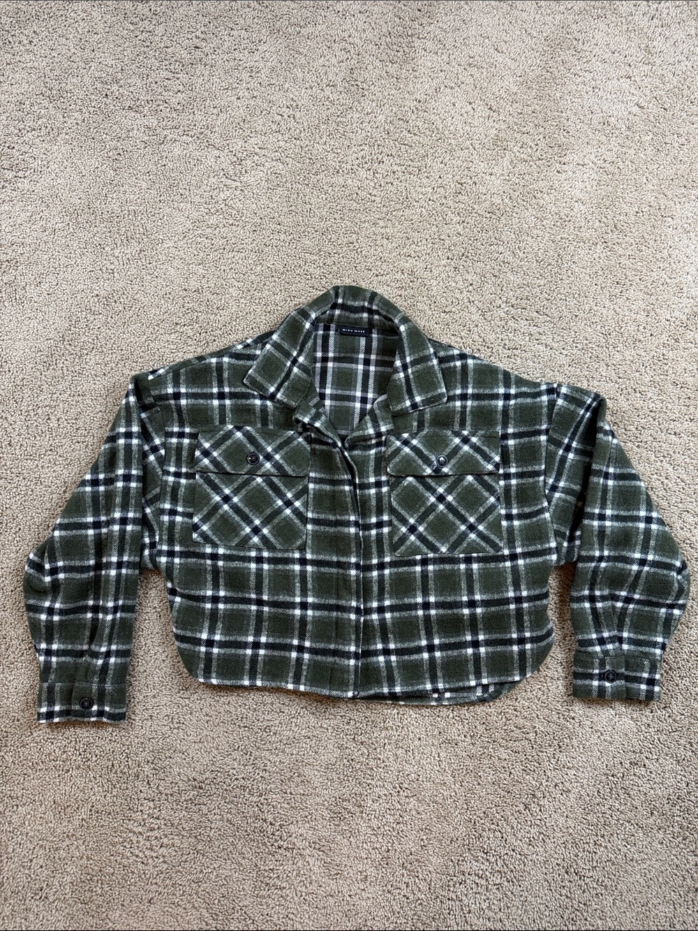 Miou Muse | Women's Olive Green Plaid Cropped Shacket | M